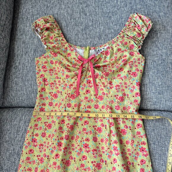 VTG D.B.Y. Mini Dress Yellow Pink Floral Ruffle Bow Accent Size 13/14 - Picture 4 of 8